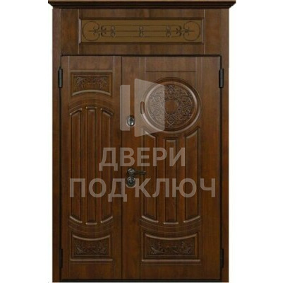 Железная двойная дверь с фрамугой, окном, ковкой ДПК-12471